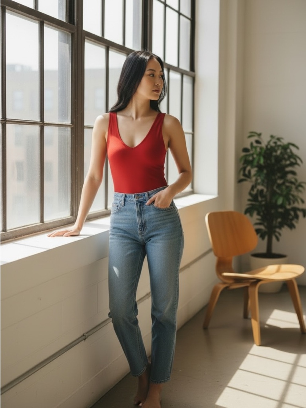 Forever 21 Red Scoop Neck Bodysuit